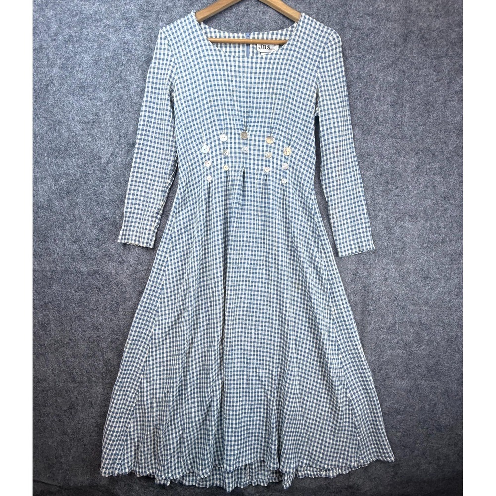JBS Dress Womens 8 Blue Vintage Gingham Folk Country Cottage 70s Fit & Flare